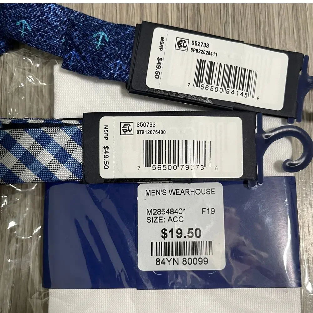 3pc 2 Tommy Hilfiger Linen Bow Ties 1 Egara Pocket Square - Blue & White - $119